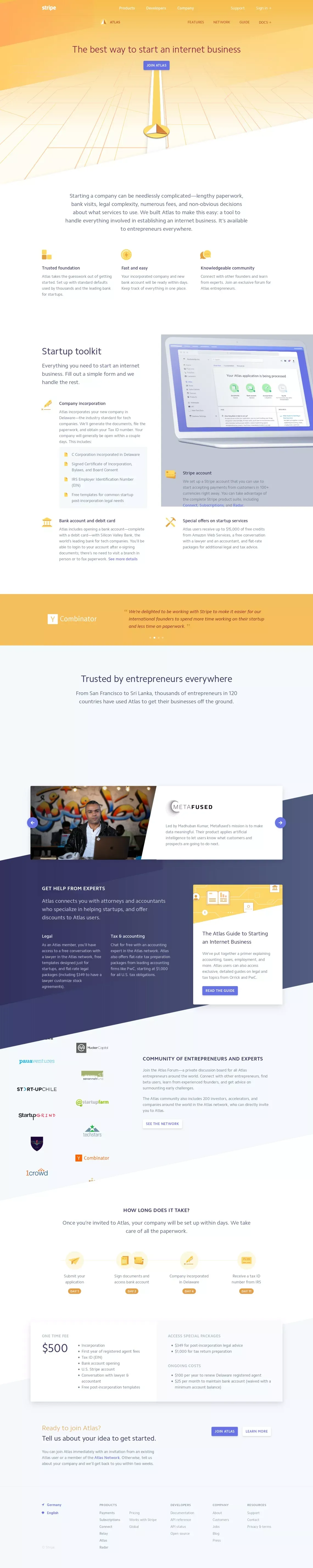 Stripe Atlas: The best way to start an internet business - Landing design