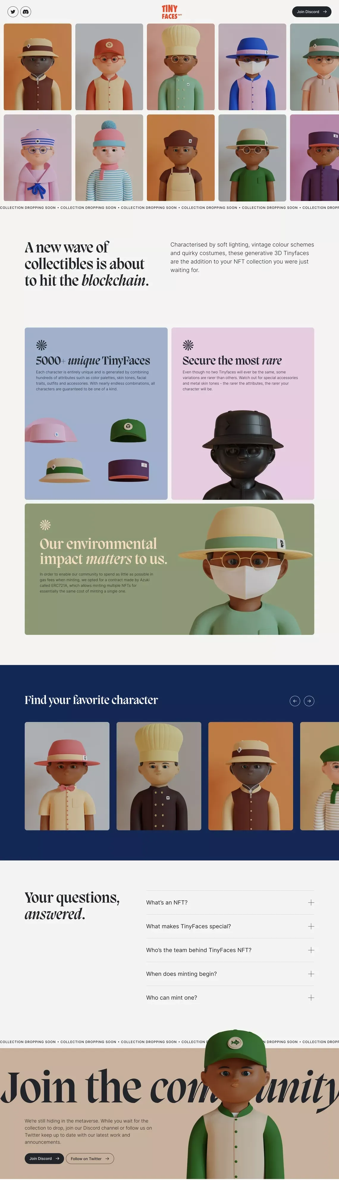 TinyFaces NFT - Uniquely generated 3D characters - Landing design