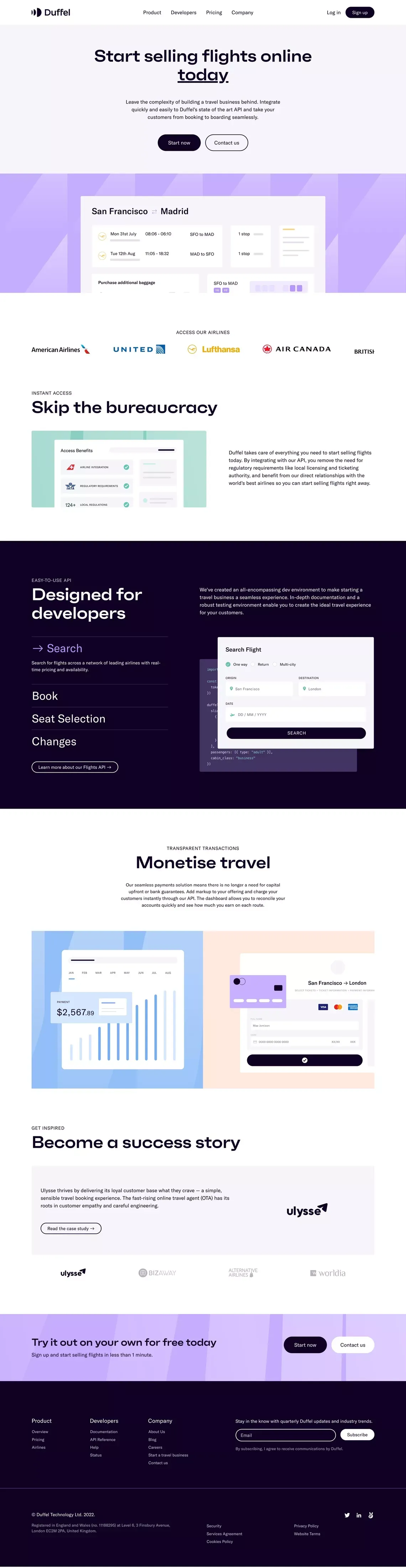 Duffel - The best API to sell flights online - Landing design