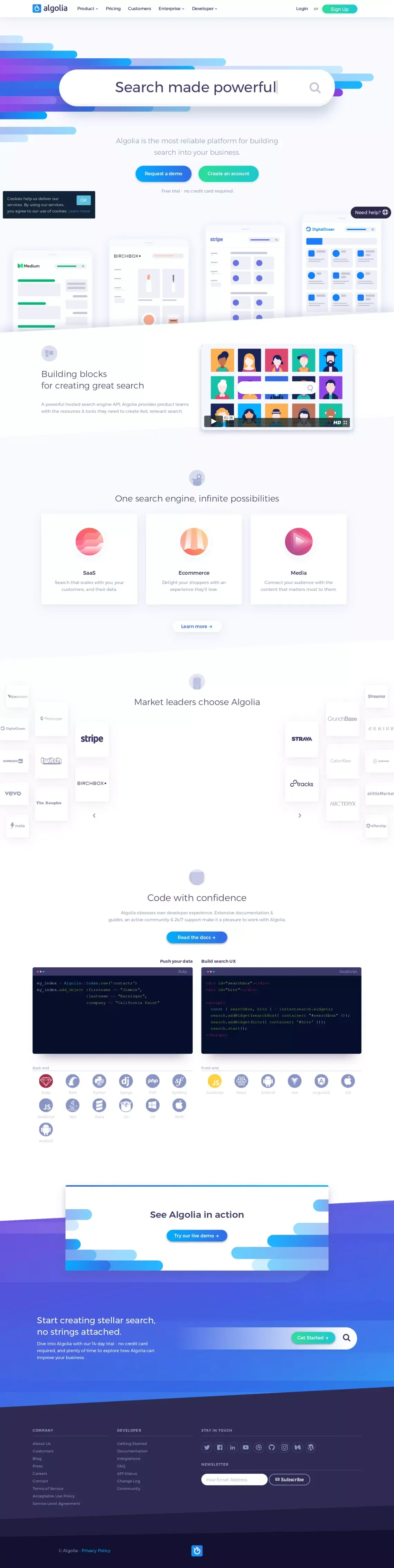 Algolia | The Most Reliable Platform for Building Search - Landing design