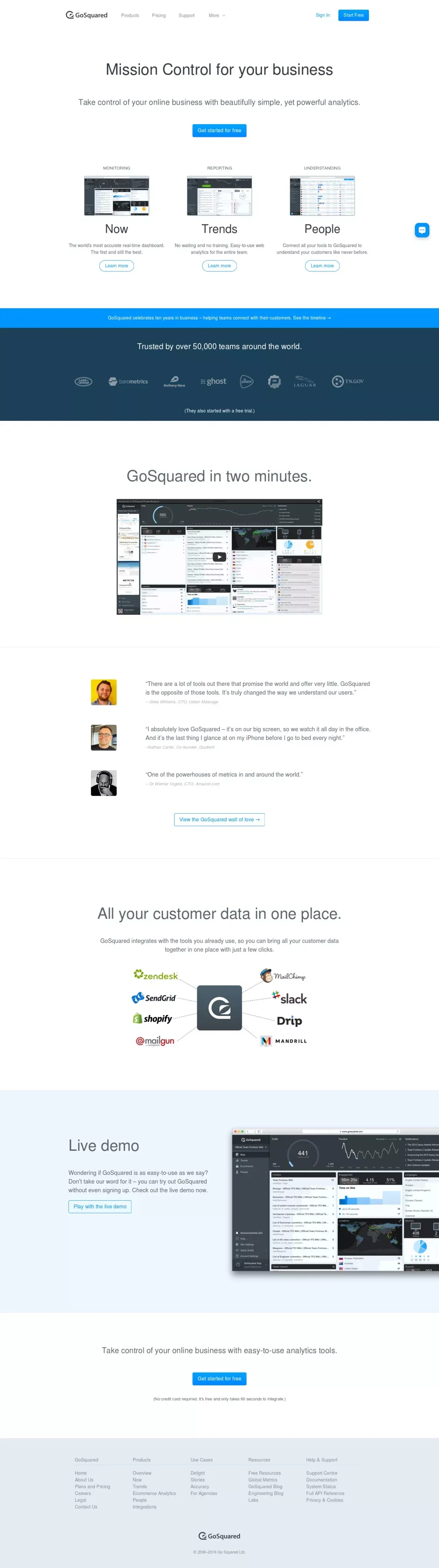 Mission Control for your online business - GoSquared - Landing design