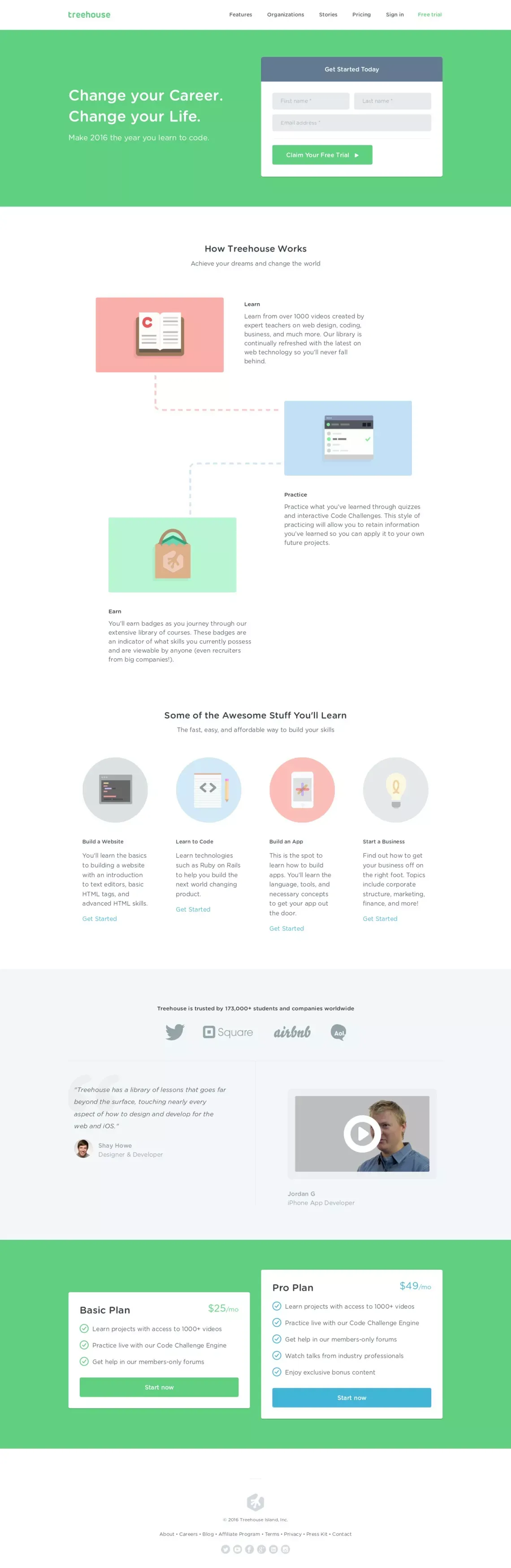 Start Learning at Treehouse for Free - Landing design