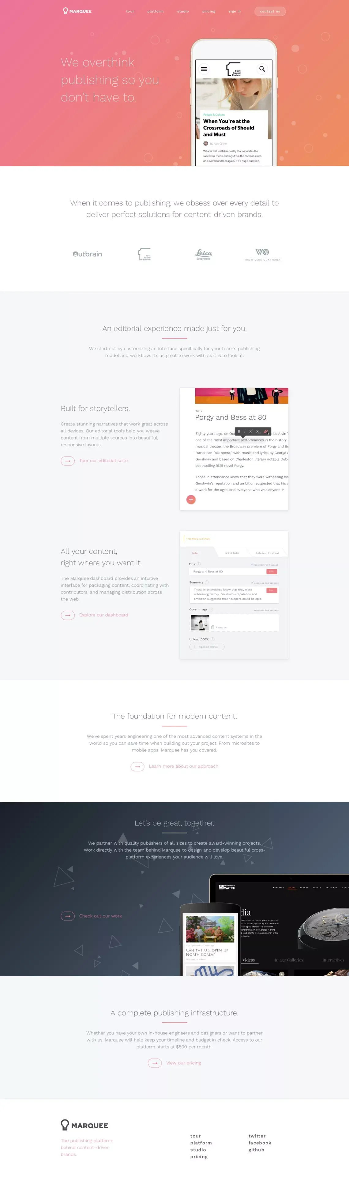 The publishing platform behind content-driven brands | Marquee - Landing design