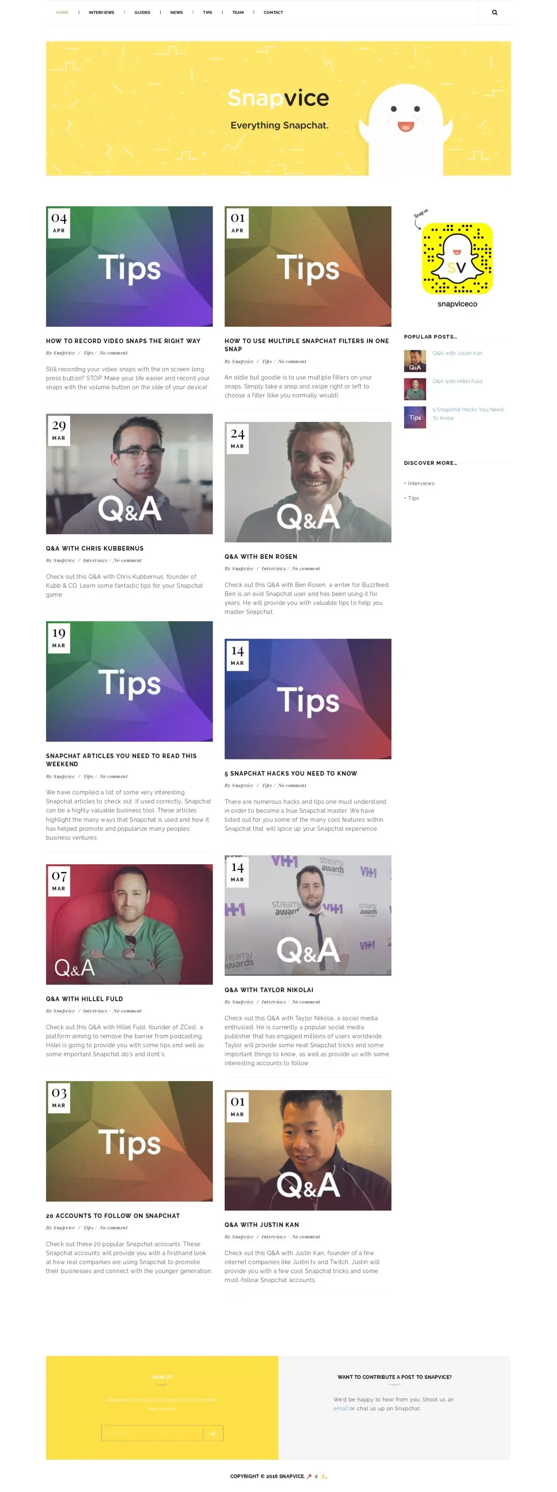 Snapvice – Snapchat Tips and Tricks - Blog design