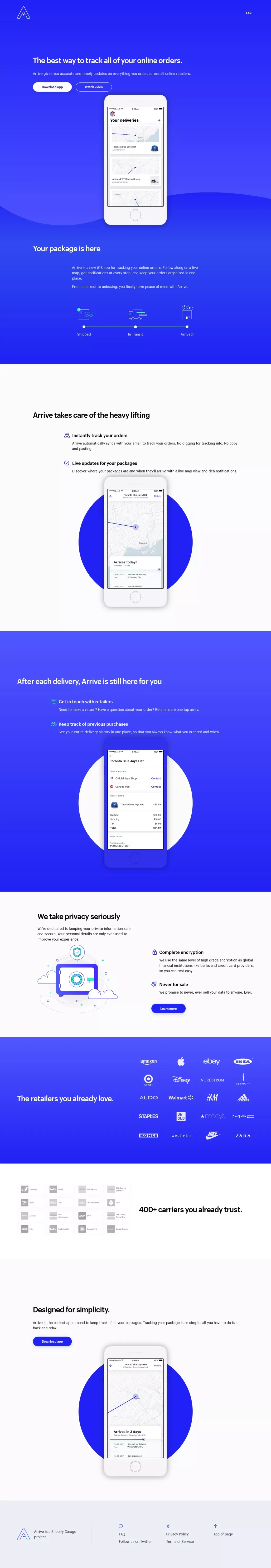 Try Arrive - Arrive is a new iOS app for tracking your online orders - Landing design