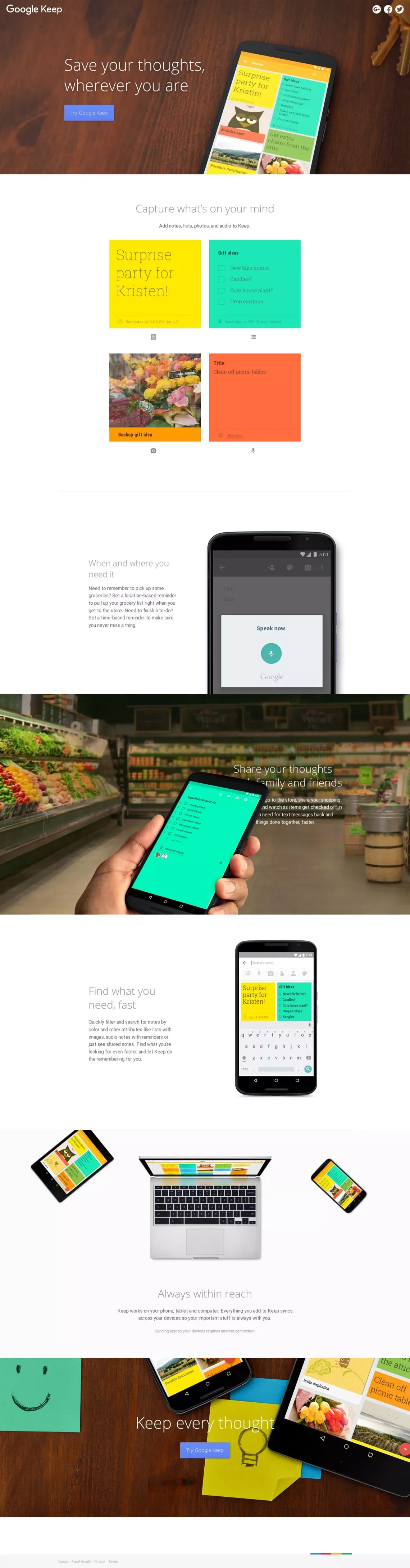 Meet Google Keep – Save your thoughts, wherever you are – Keep – Google - Landing design