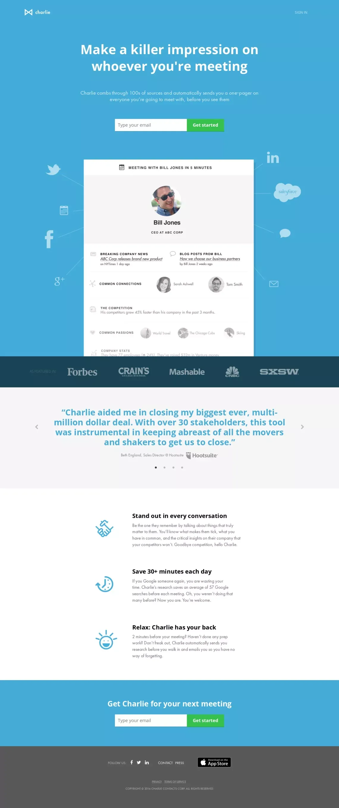 Charlie App | Make a killer impression on anyone you meet with - Landing design