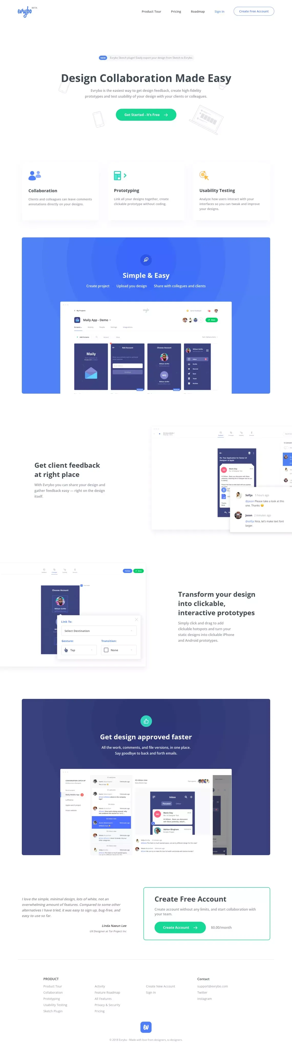 Evrybo - Free Collaboration and Prototyping tool for Designers - Landing design