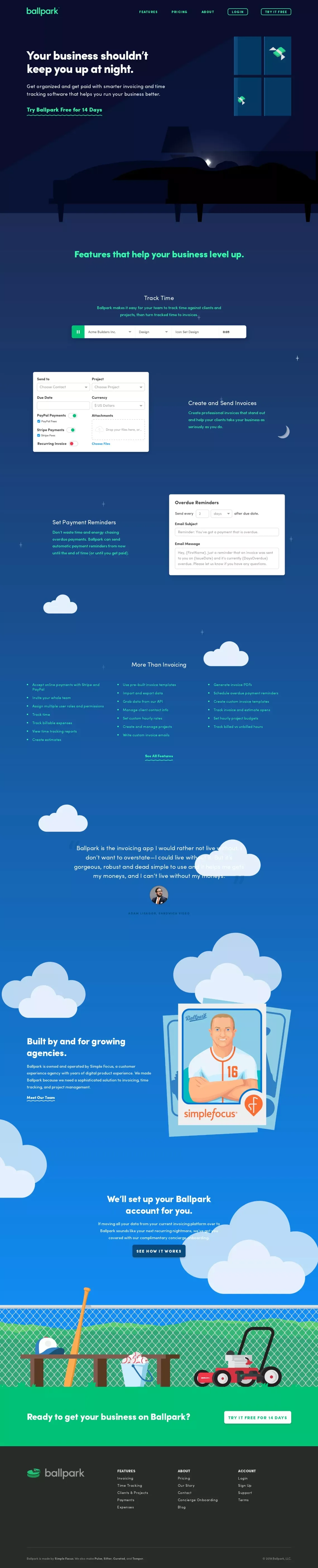 Online Invoicing, Time Tracking, and CRM Software - Ballpark - Landing design