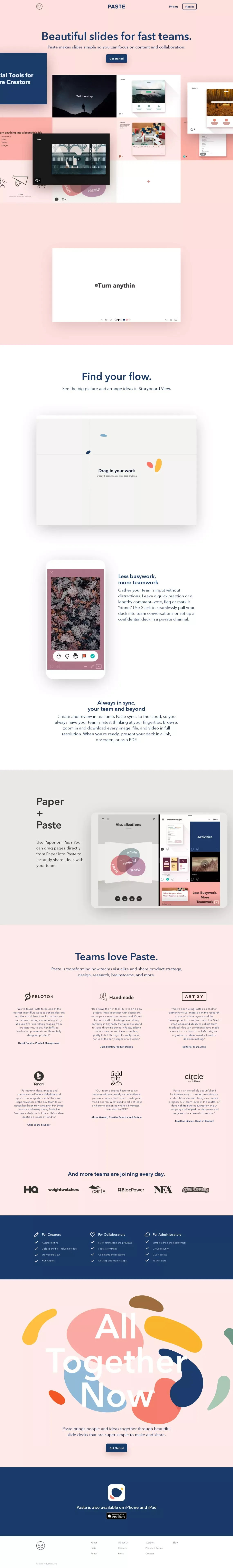 Paste by FiftyThree | Beautiful Slides for Fast Teams - Landing design