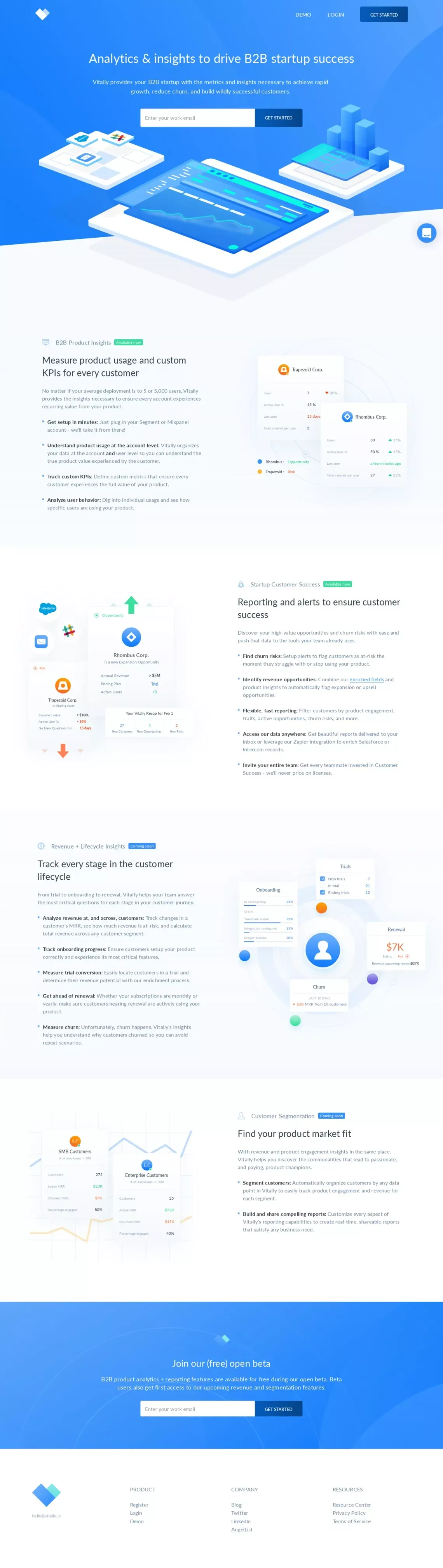 Analytics & insights to drive B2B startup success - Vitally - Landing design