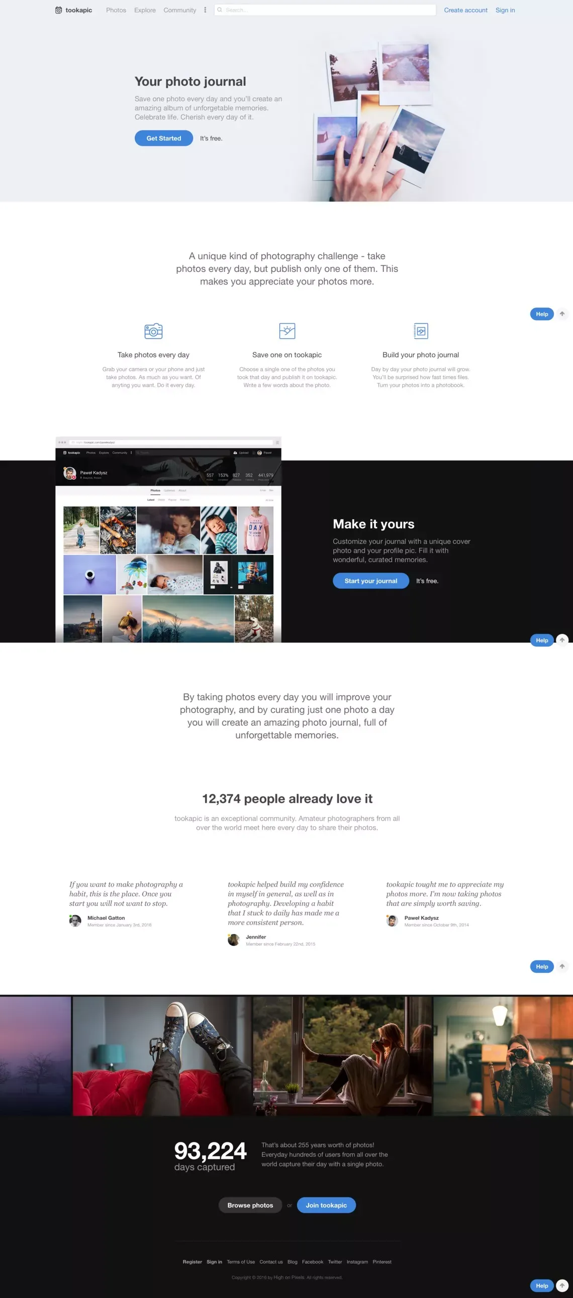 Create your photo journal for free | tookapic - Landing design