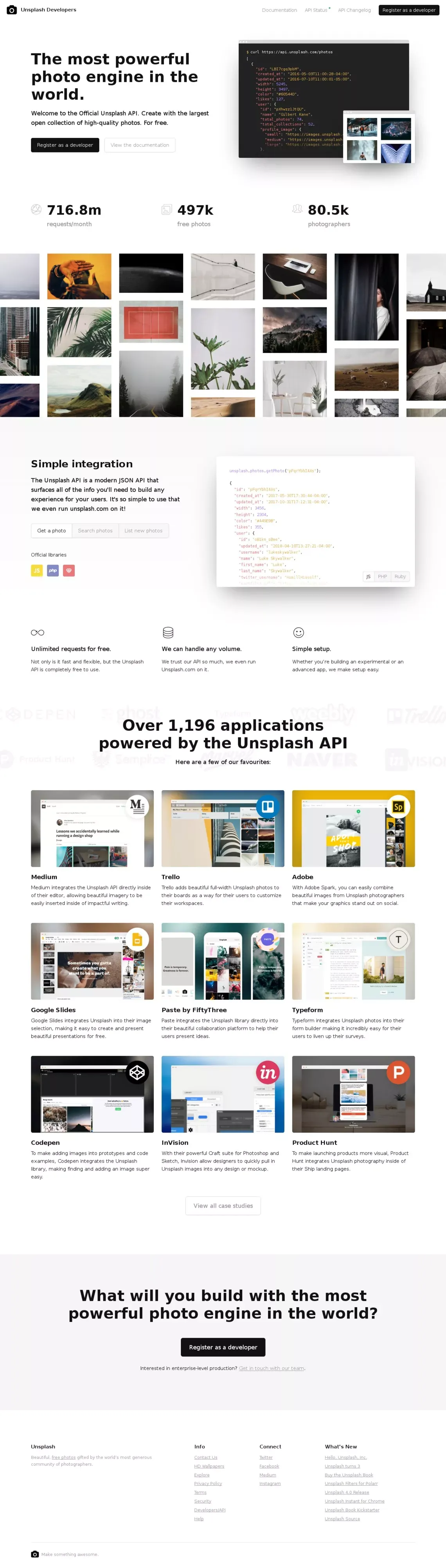 Unsplash API | Free HD Photo API - Landing design