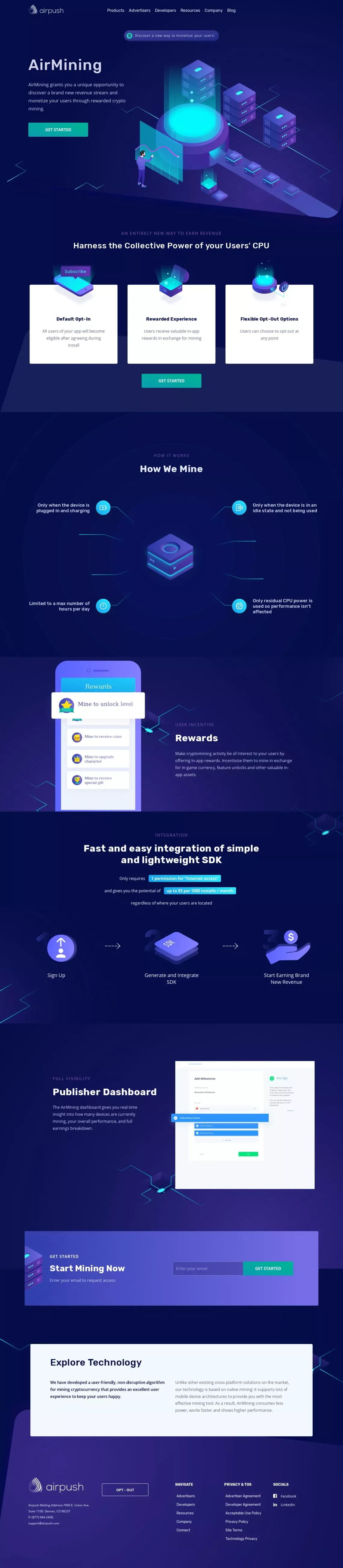 App Monetization with Rewarded Cryptocurrency Mining - AirMining - Landing design