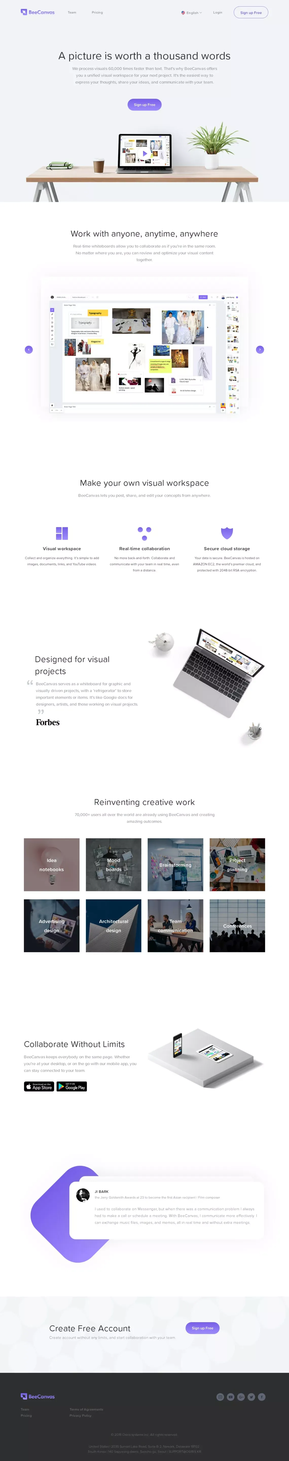 Visual workspace for creative teamwork | BeeCanvas - Landing design