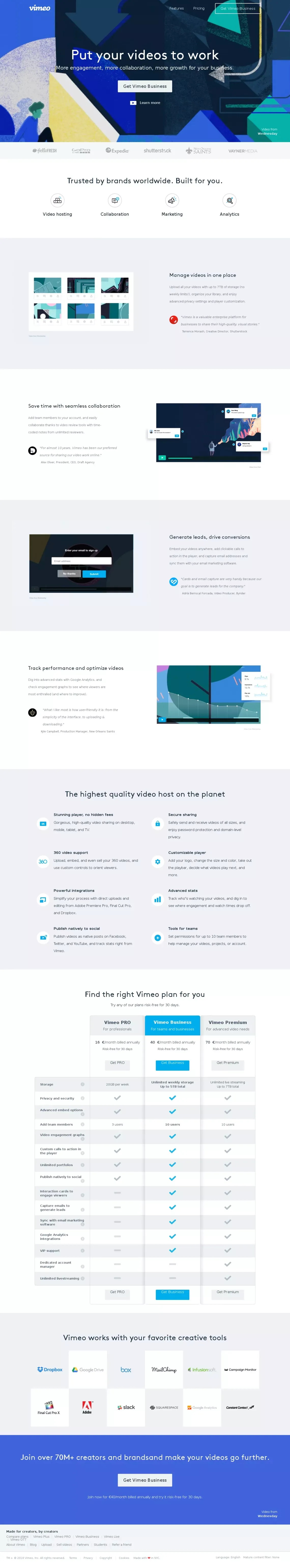 Business video hosting, marketing and analytics | Vimeo Business - Landing design
