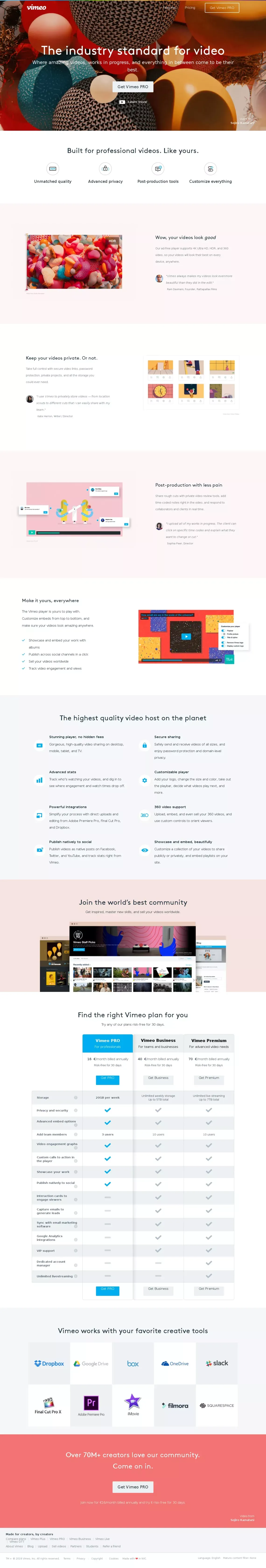 Video storage, professional review tools, and more | Vimeo PRO - Landing design