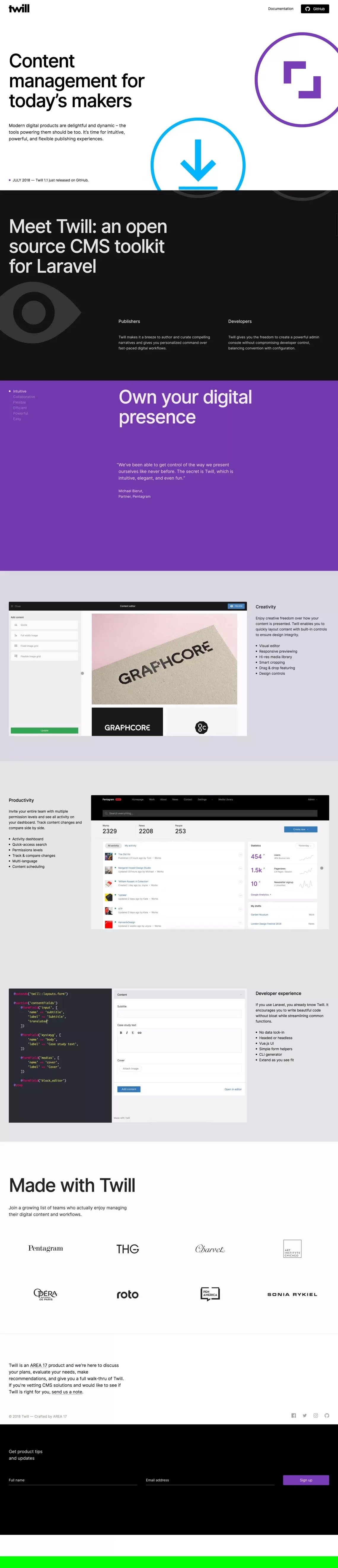 Twill — An open source CMS toolkit for Laravel - Landing design