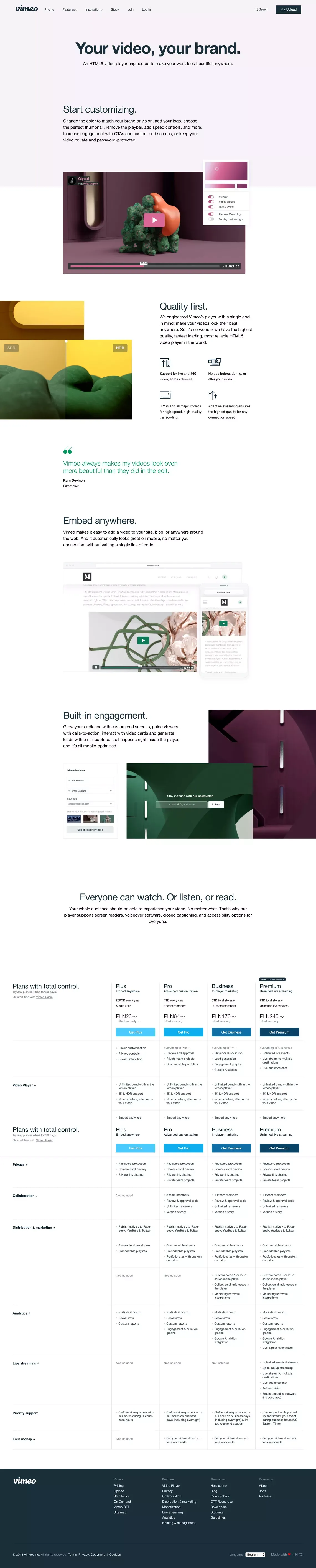 HTML5 online video player with 4K HD quality from Vimeo on Vimeo - Landing design
