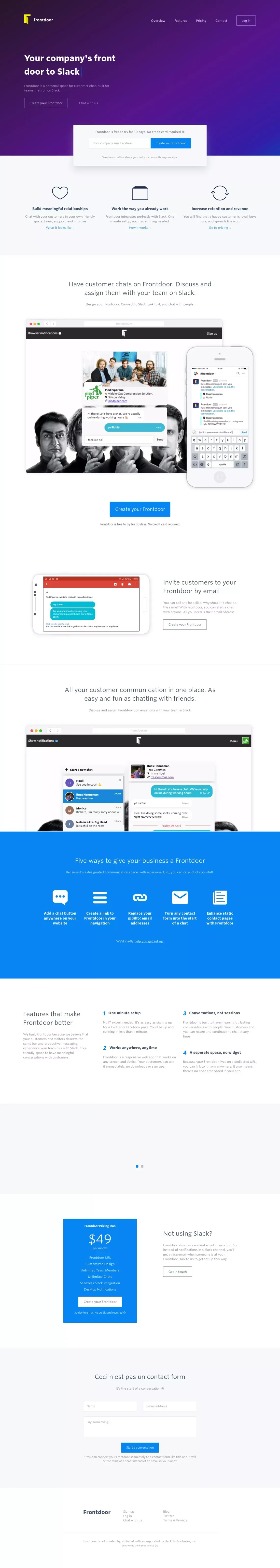 Frontdoor: Customer chat, built for teams on Slack - Landing design