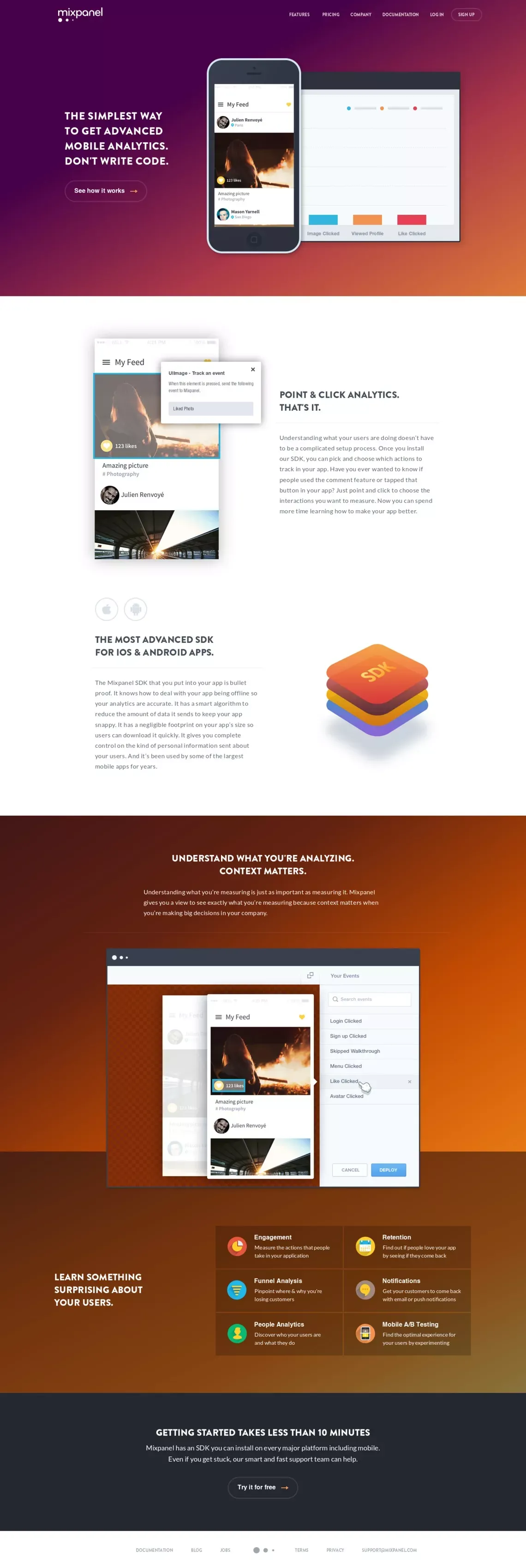 Codeless Mobile Analytics | Mixpanel - Landing design
