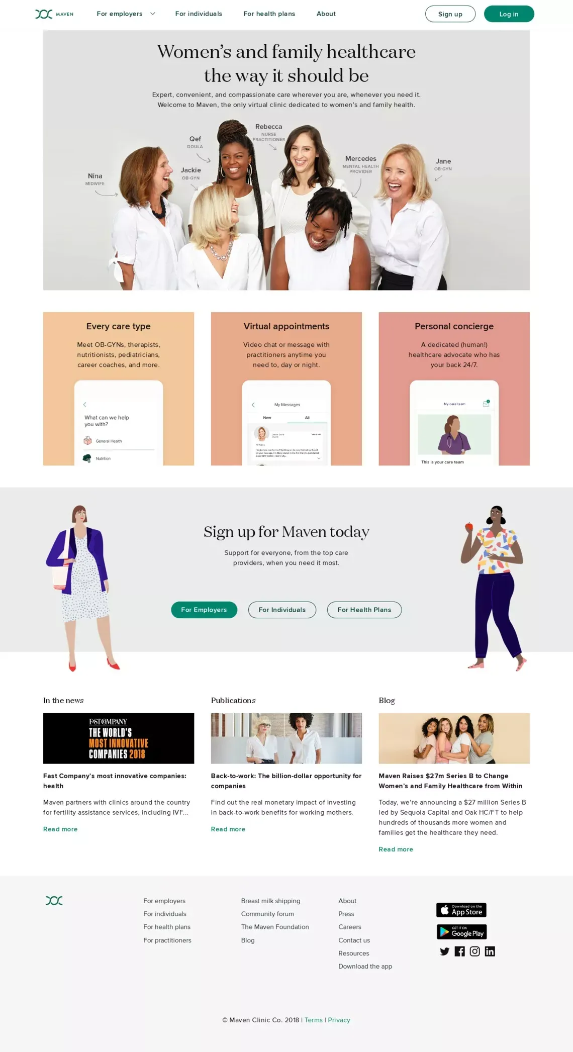 Maven – health & wellness designed for women. Video appointments with Doctors, Nurse Practitioners, Nutritionists and Pregnancy specialists, all from your computer or iPhone. - Landing design