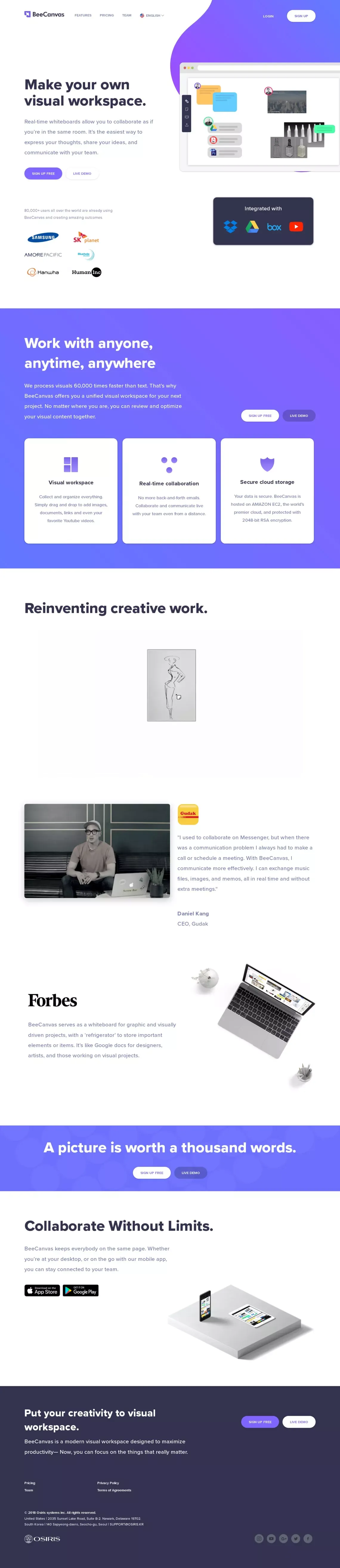 Visual workspace for creative teamwork | BeeCanvas - Landing design