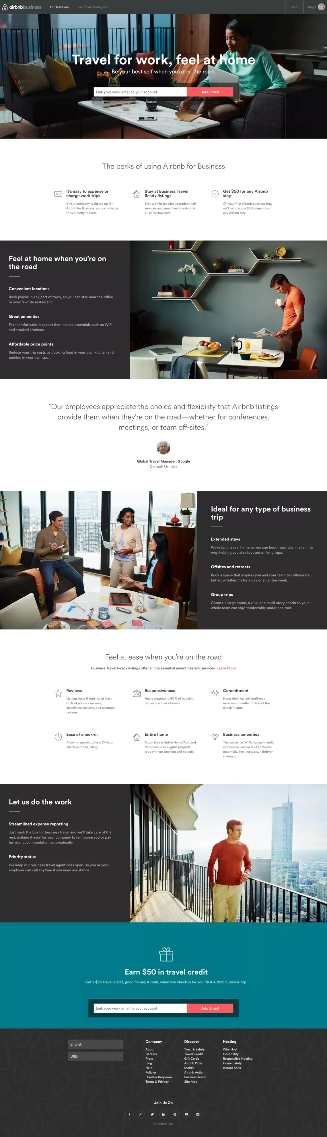 Corporate & Business Travel on Airbnb - Landing design