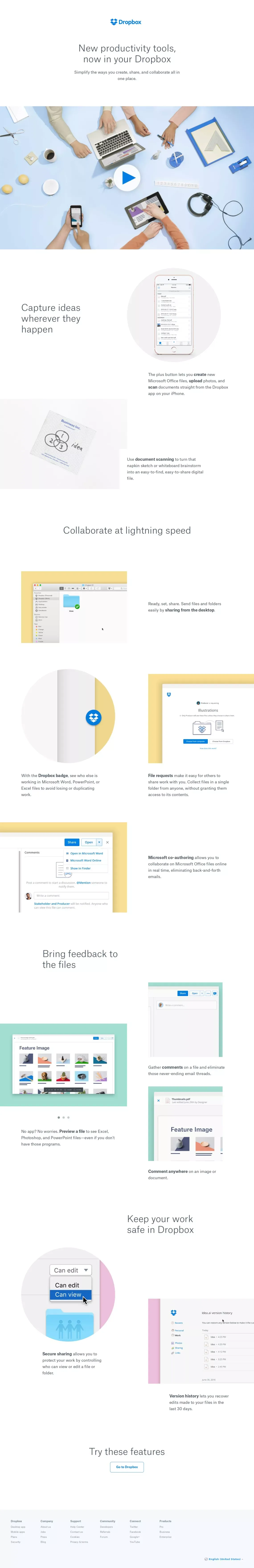 New Productivity Features | Dropbox - Landing design