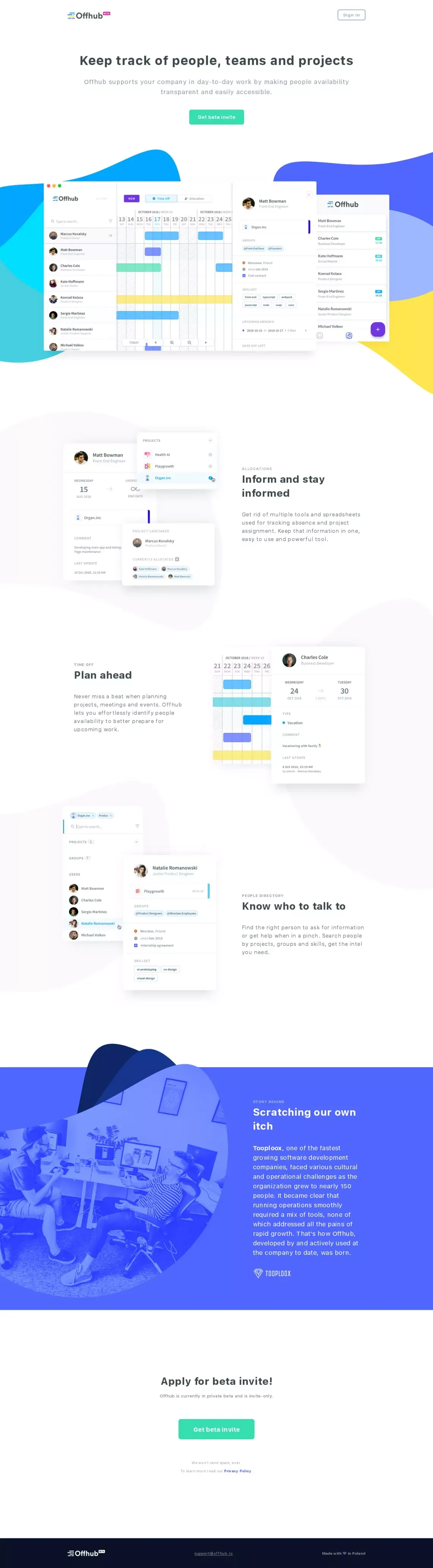 Offhub ─ Keep track of people, teams and projects - Landing design
