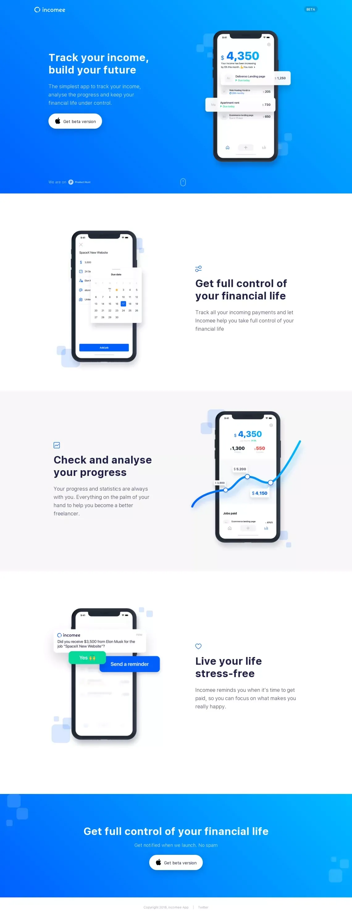 Incomee App - the income tracker for freelancers - Landing design