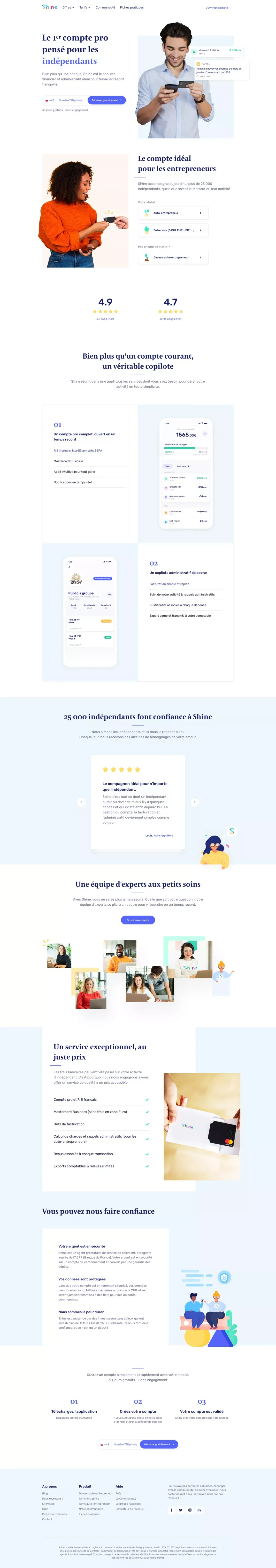 Shine - Le 1er compte pro en ligne des indépendants - Landing design