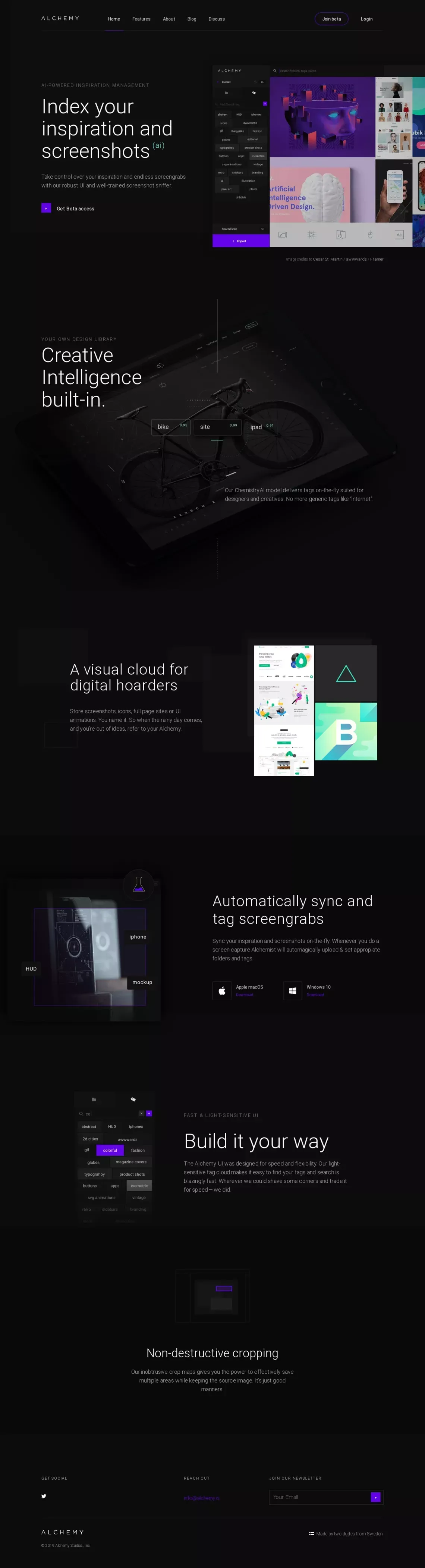 AI-driven inspiration and screenshot platform - Alchemy.is - Landing design