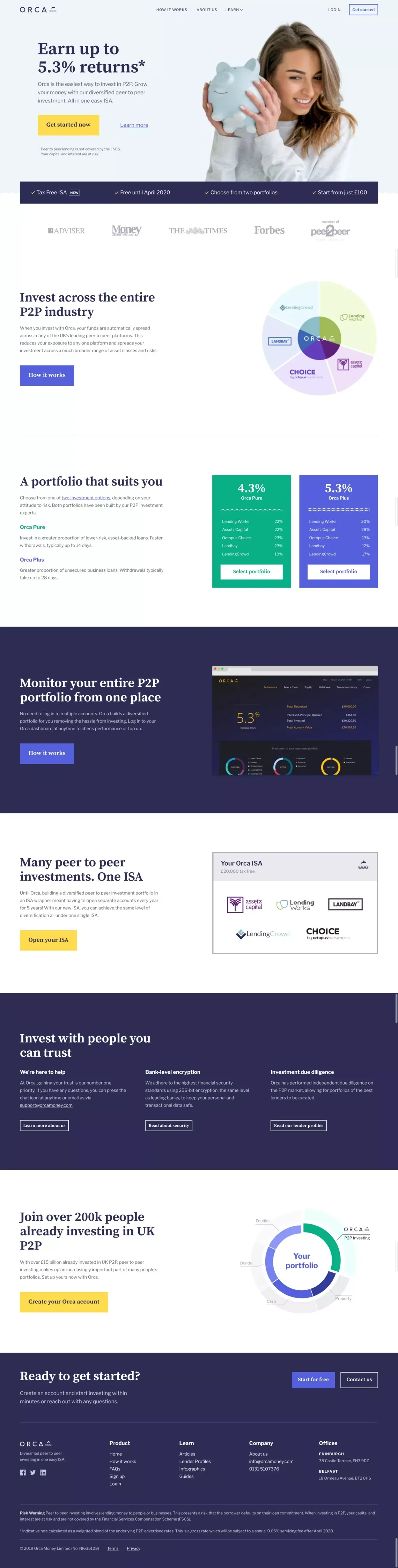 Diversified peer to peer investing in one easy ISA - Orca - Landing design