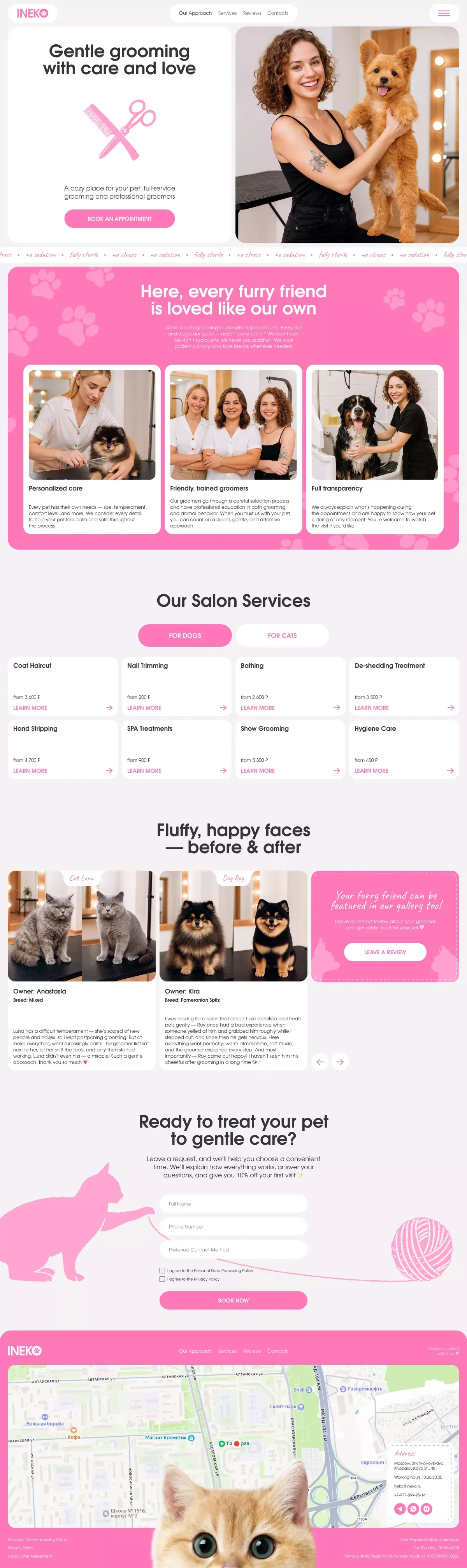 Ineko — gentle dog & cat grooming in Moscow | Haircuts and hygiene care for pets - Landing design