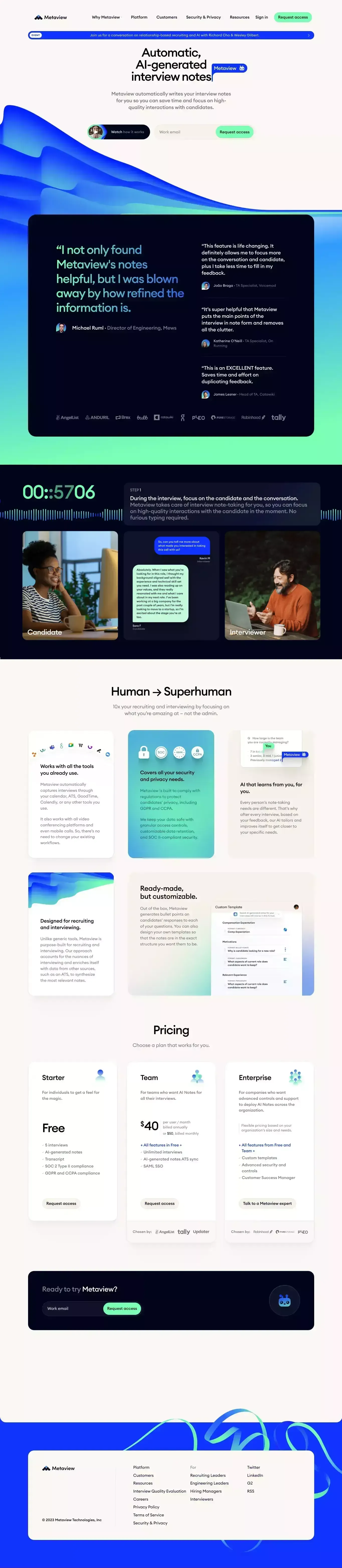Automatic, AI-generated interview notes | Metaview - Landing design
