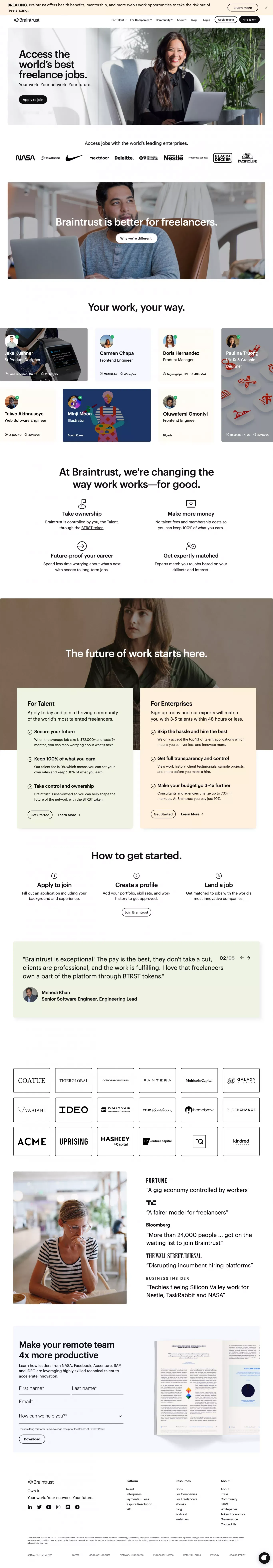 Braintrust | The First User-Owned Talent Network - Landing design