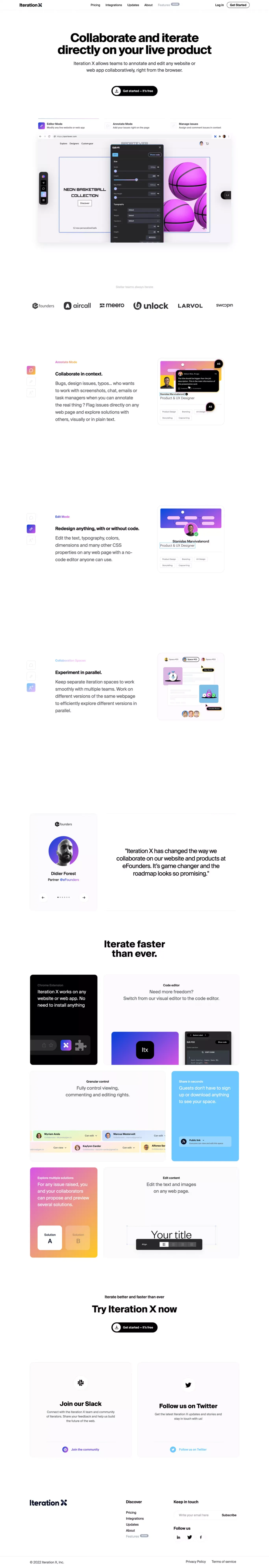 Iteration X: Iterate together on any website, in real time. - Landing design