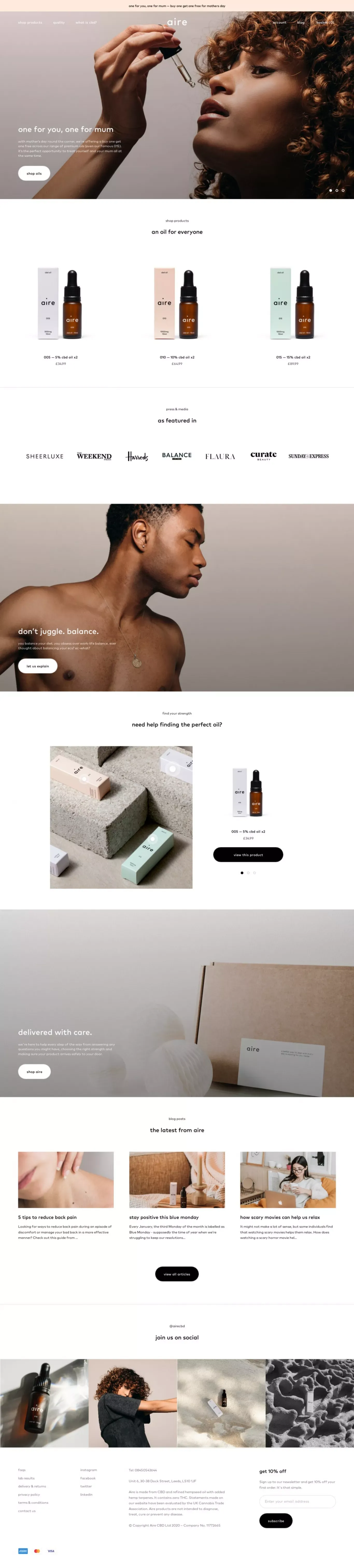 Aire — Premium CBD Oils — All natural. All organic. All hemp. - Ecommerce design