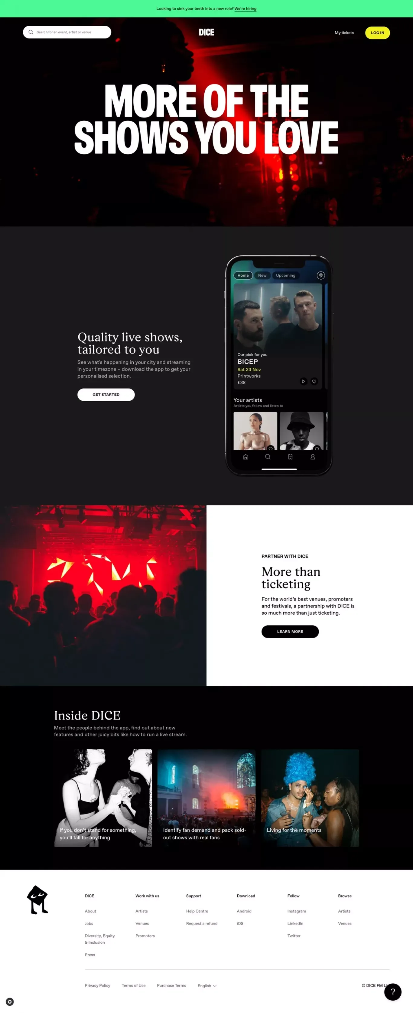DICE | Discover and get tickets for events and live streams - Landing design
