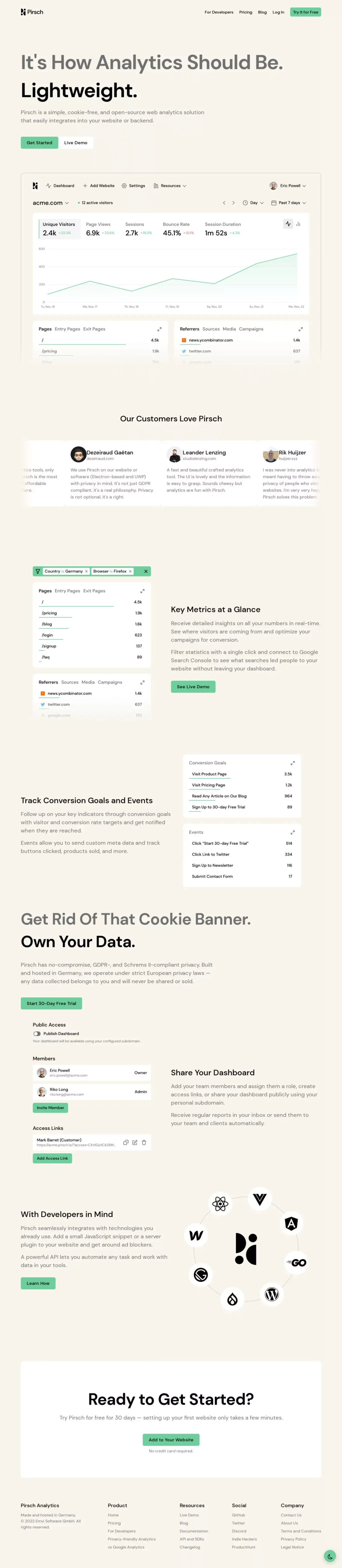 Pirsch ‒ Cookie-free and Privacy-friendly Web Analytics - Landing design