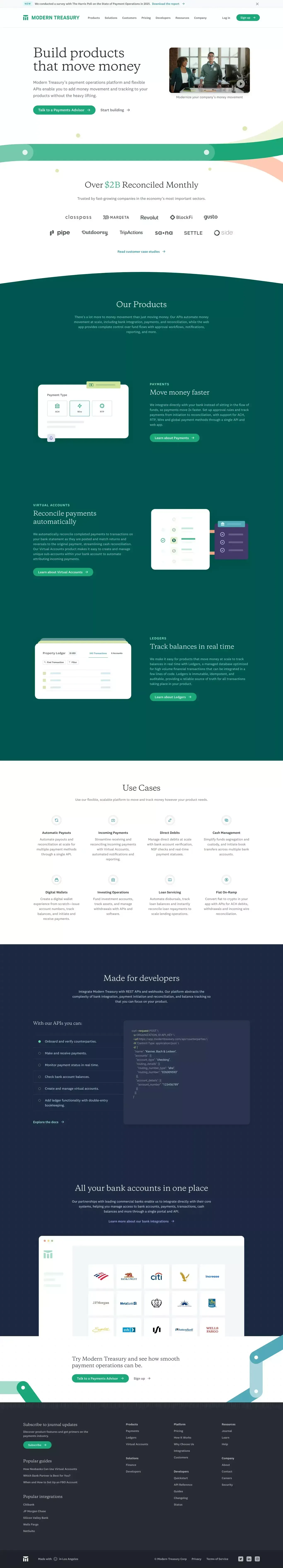 Money Movement APIs | Modern Treasury | ACH, RTP, Wires and more payment methods - Landing design