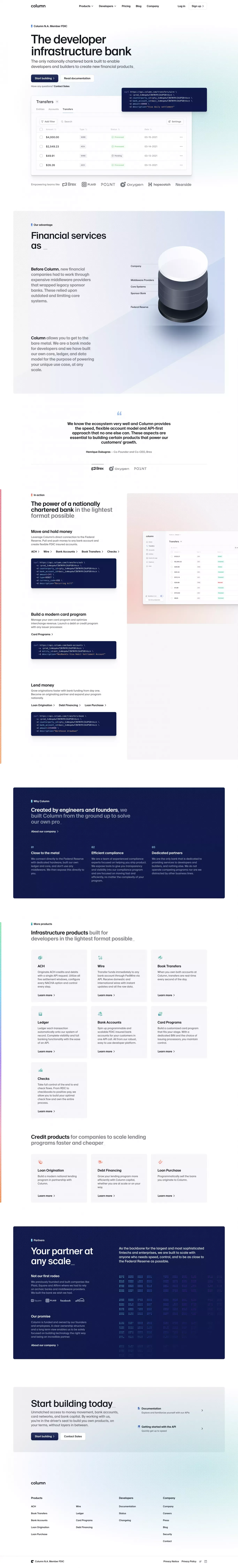 Column — The developer infrastructure bank - Landing design