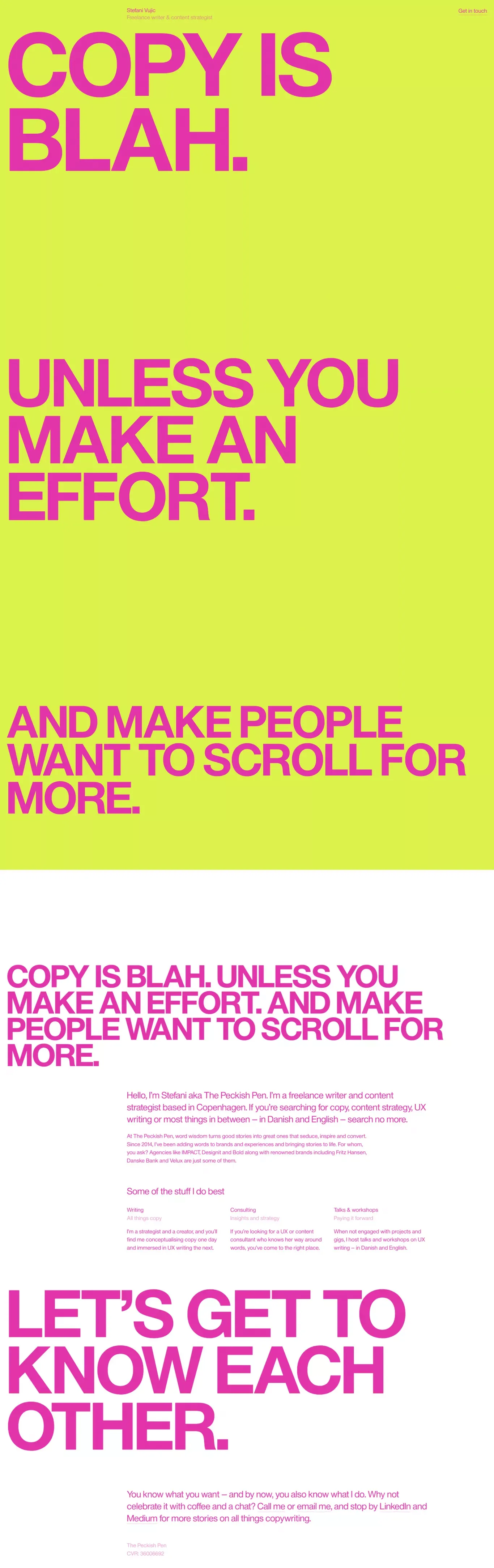 Stefani Vujic - Senior Danish and English freelance copywriter and UX writer. - Portfolio design