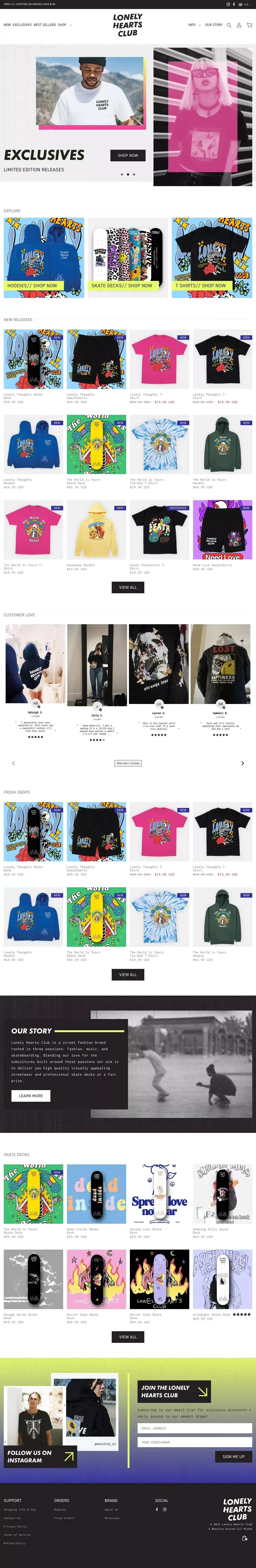 Lonely Hearts Club: Streetwear for Skaters - Landing design