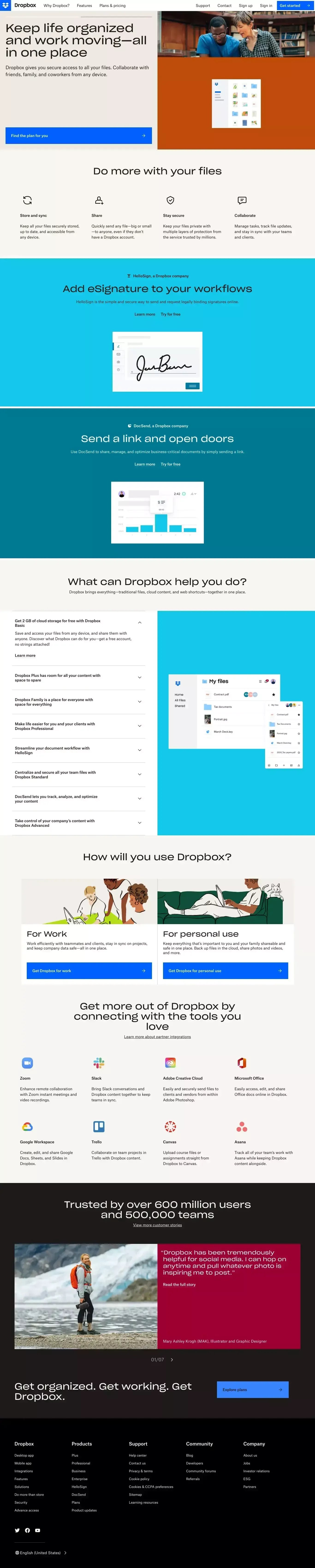 Dropbox: Securely share, store and do more with your files - Landing design