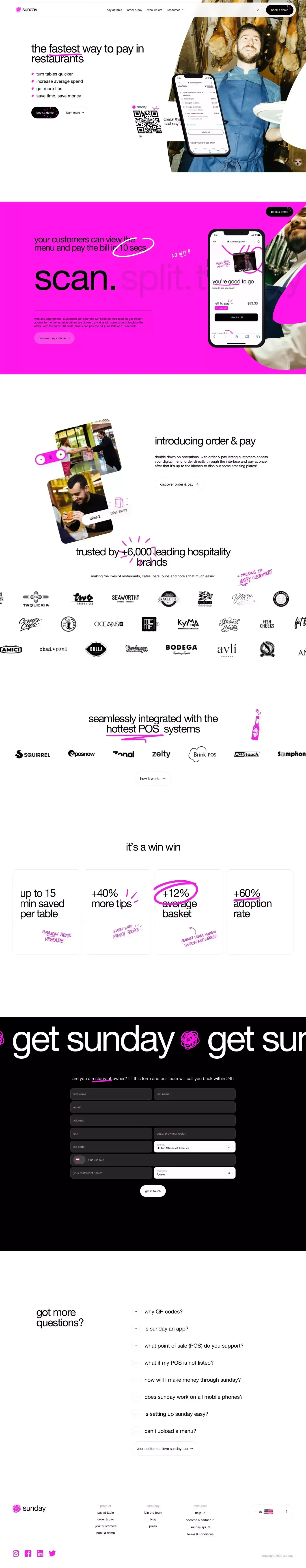 sunday - Your customers scan a qr code and pay in 10 seconds - Landing design