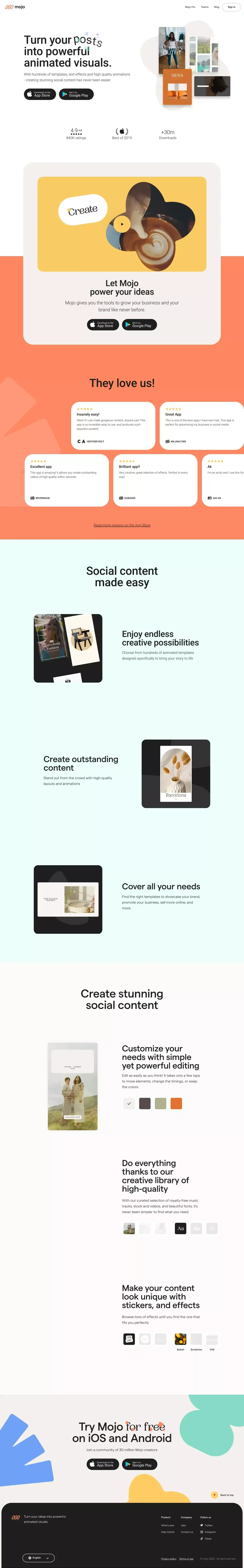 Mojo - Social Video and Content App for Small Businesses - Landing design