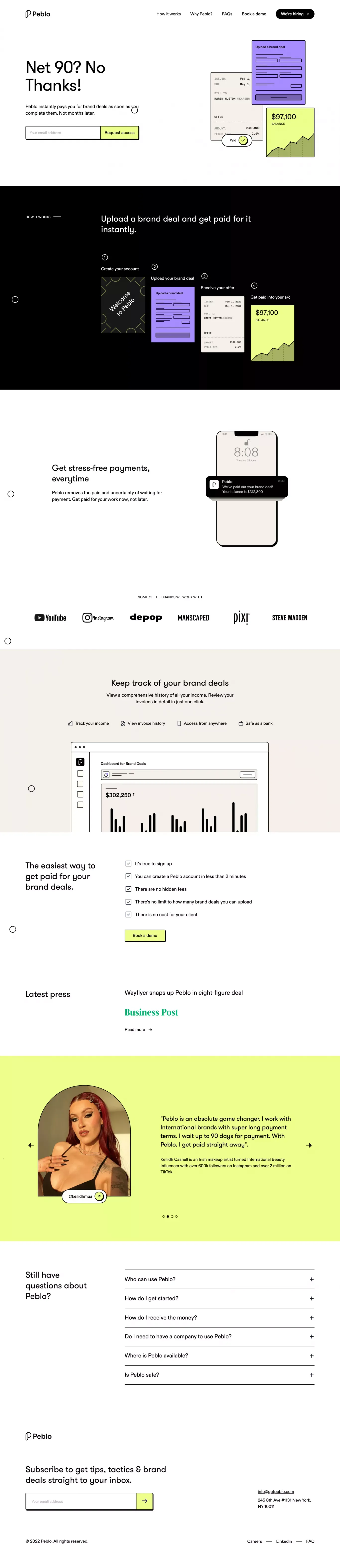 Peblo | Paying creators faster - Landing design
