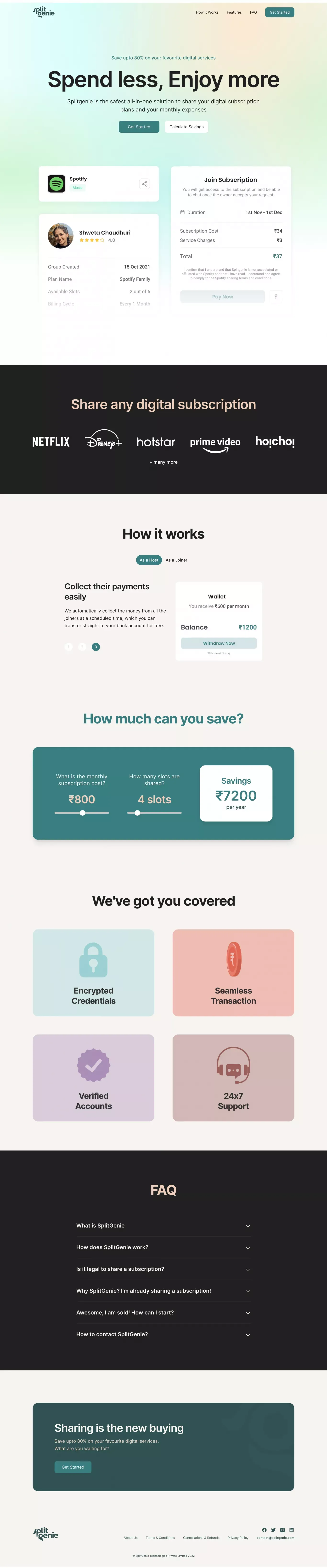 SplitGenie - Share and save upto 80% on your digital subscriptions - Landing design
